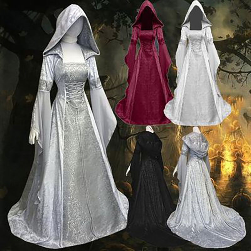 Robe de mariée de style rétro médiéval, robe à capuche, robe à taille cintrée, cosplay, Halloween, robe à capuche pour femme, costume de jeu de rôle HQ001