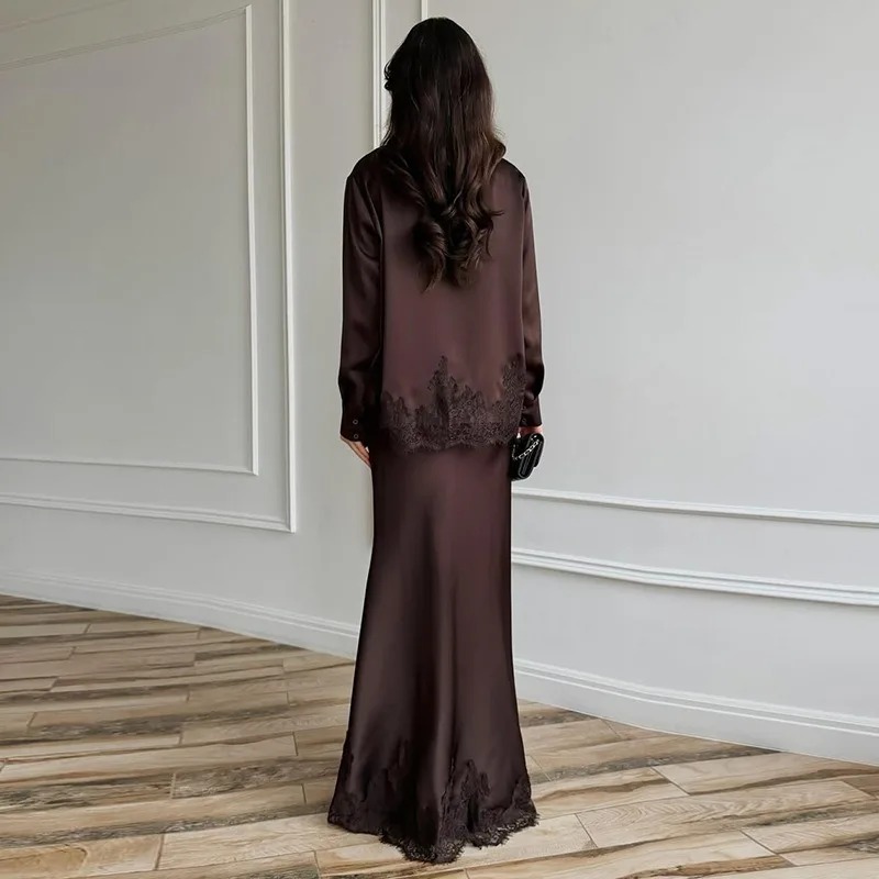 Ensembles deux pièces pour femmes : Hauts à manches longues sexy en dentelle à col rabattu et jupes longues taille haute, style Y2K streetwear élégant pour le travail