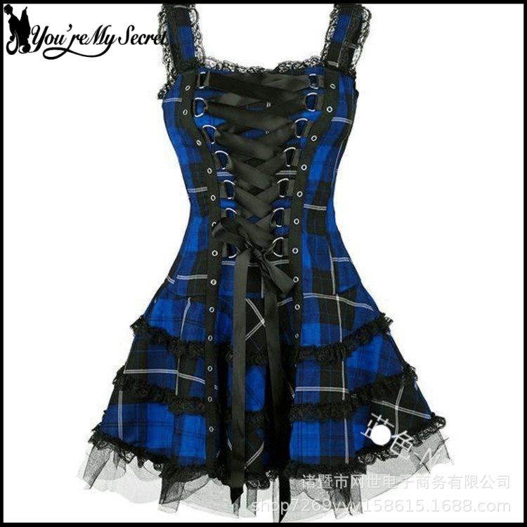Robe Vintage Femme Sexy Mini-Robe Rétro à Carreaux Robe Gothique Sexy en Dentelle Robe d'Été Punk Vêtement Printanier