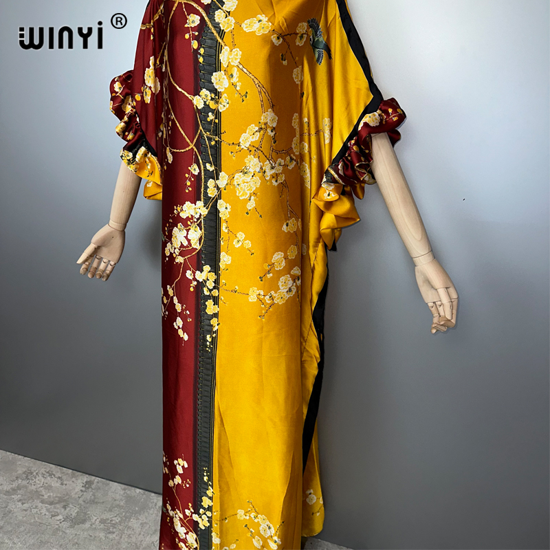 WINYI Robe de soirée bohème d'été, Kaftan ample imprimé de luxe pour femme, Vêtement musulman, Robe de plage pour les vacances, Caftan tendance