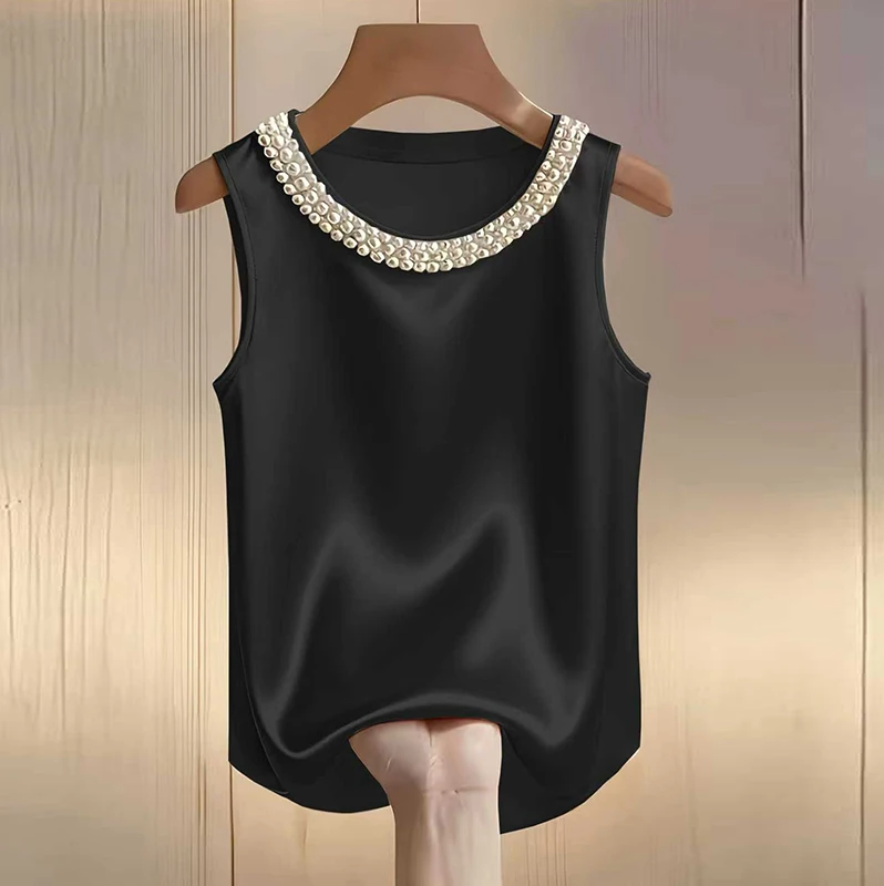 Chemise élégante en satin pour femme, chemisier en soie à motif perlé pour l'été, t-shirts amples pour femme, débardeurs tendance pour femme, tee-shirt élégant pour femme