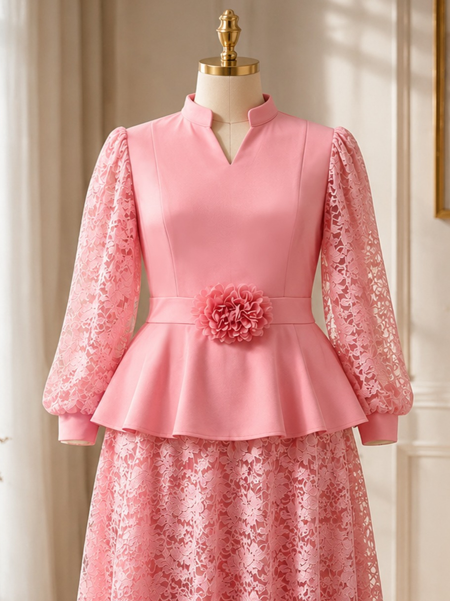 Chemisier Peplum Rose pour Femme, Col Montant, Col en V à Revers, Manches Longues en Dentelle Type Lanterne, Fleur 3D à la Taille, pour Église, Mariage, Invitée, Tenue Décontractée