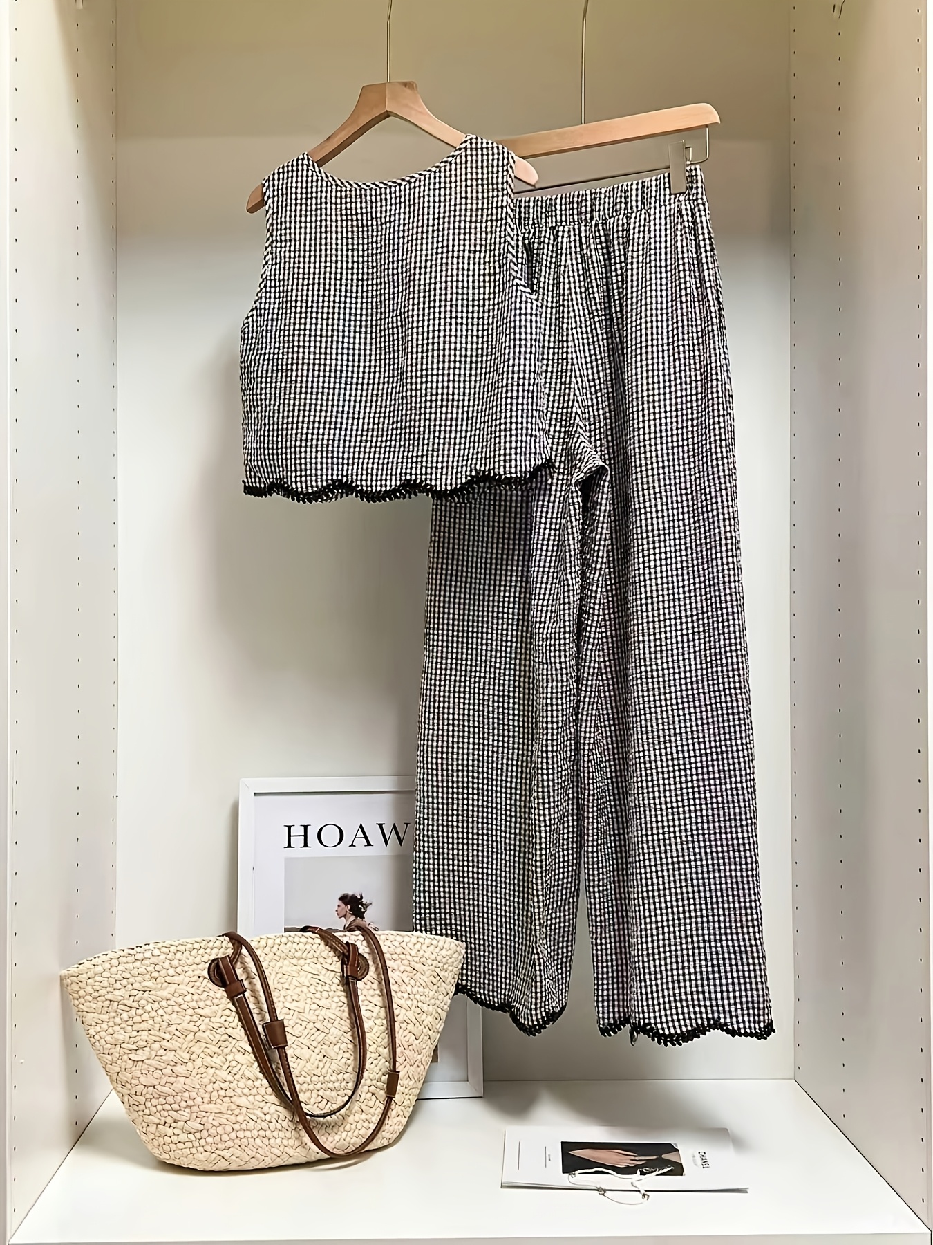 Ensemble 2 pièces à carreaux : haut sans manches et pantalon large, décontracté, avec bordure en dentelle, coupe confortable, pour femme