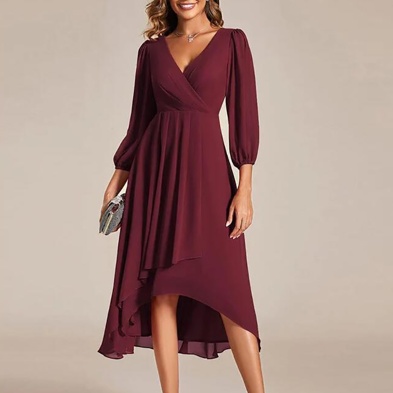 Robe longue élégante à col en V et coupe trapèze pour femme, avec manches en maille, idéale pour les fêtes, la plage et les soirées – Collection Printemps-Été