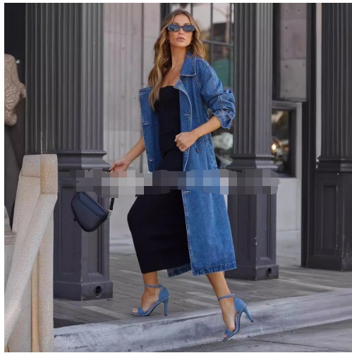 Veste longue délavée pour femme, coupe-vent en denim, poches, revers à lacets, double boutonnage, manteau décontracté, vêtements d'extérieur féminins, 2025