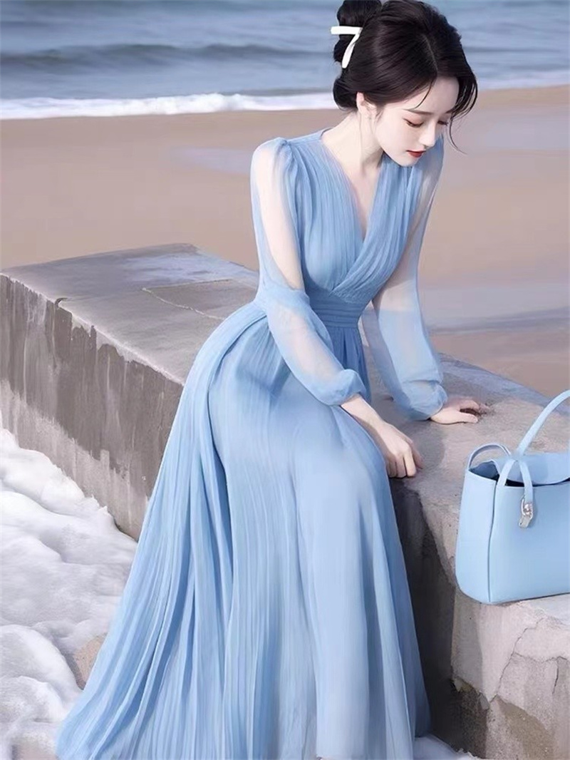 Robe longue élégante à col en V, couleur unie, volants amples, vêtements pour femmes, été 2026, nouvelle robe longue à manches longues, bleu, en mousseline de soie, robe de soirée pour femme