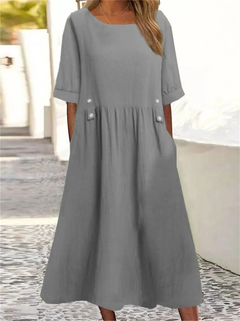 Robe Confortable en Coton et Lin pour Femme, Taille Haute, Décoration de lèvent, Décontractée, Couleur Unie, Demi Manches, Été 2024