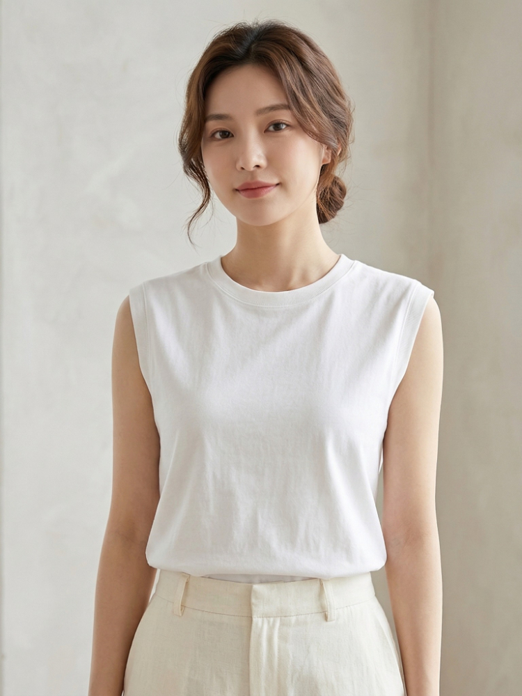 Débardeur Femme Été 2026 en Coton Col Rond Sans Manches Couleur Unie avec Poignets Côtelés Coupe Ample Décontractée Polyvalente