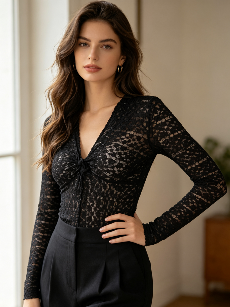 Hauts en dentelle pour femmes, col en V torsadé sur le devant, manches longues, dentelle florale transparente, chemisier ajusté, élégant pour tous les jours, sorties et streetwear.