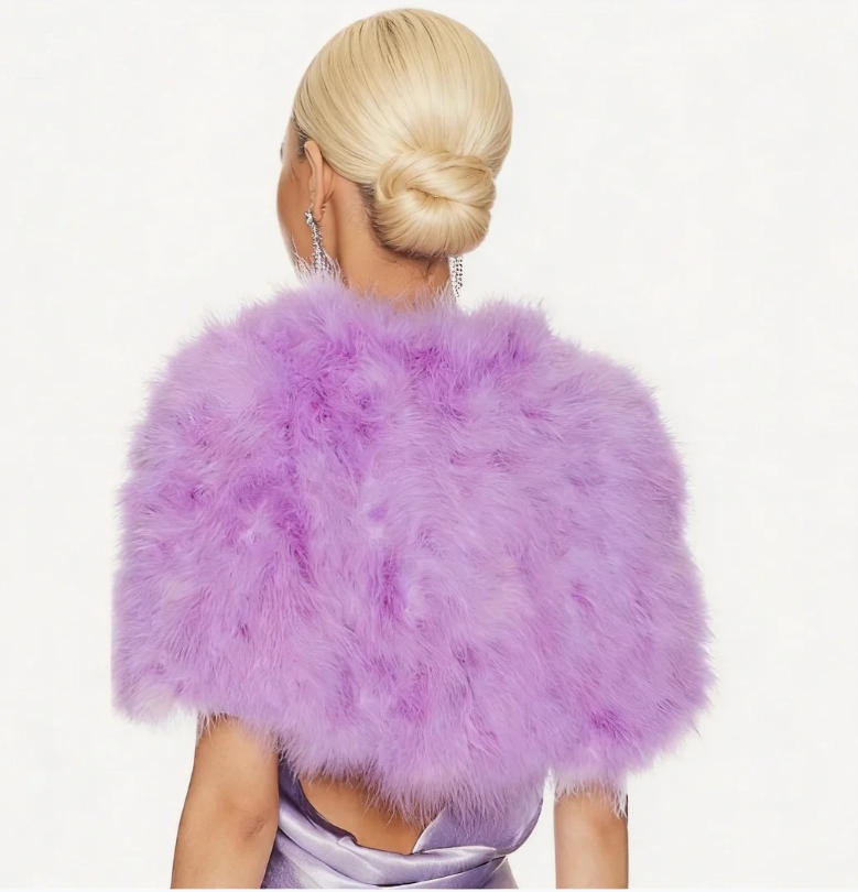 Capelet en Plumes d'Autruche Marabout Lavande Véritable pour Femme – Écharpe de Soirée Élégante pour Mariage et Occasions Spéciales