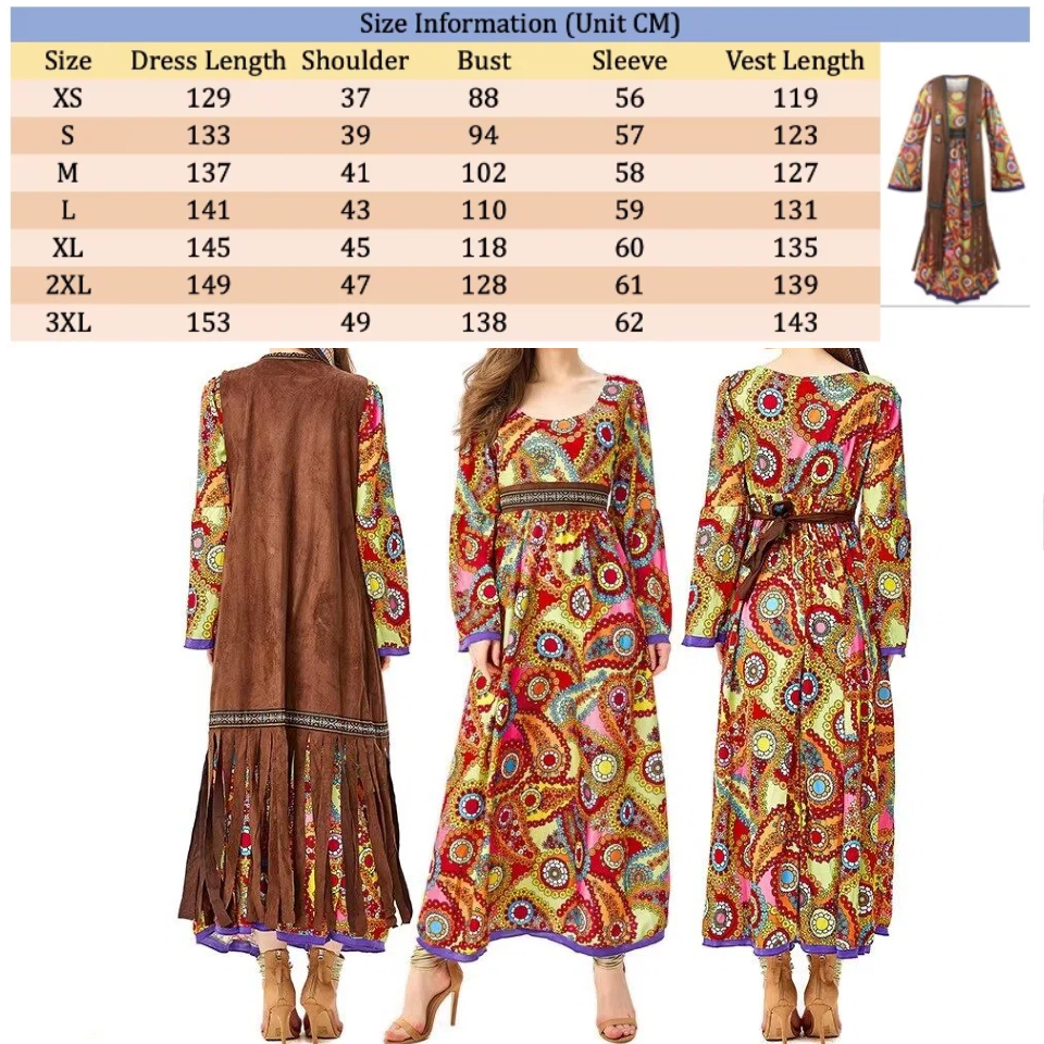 Ensemble de costumes Hippie rétro des années 1960 et 70 pour femmes, robe imprimée avec accessoires, tenues Disco, Costumes de Festival