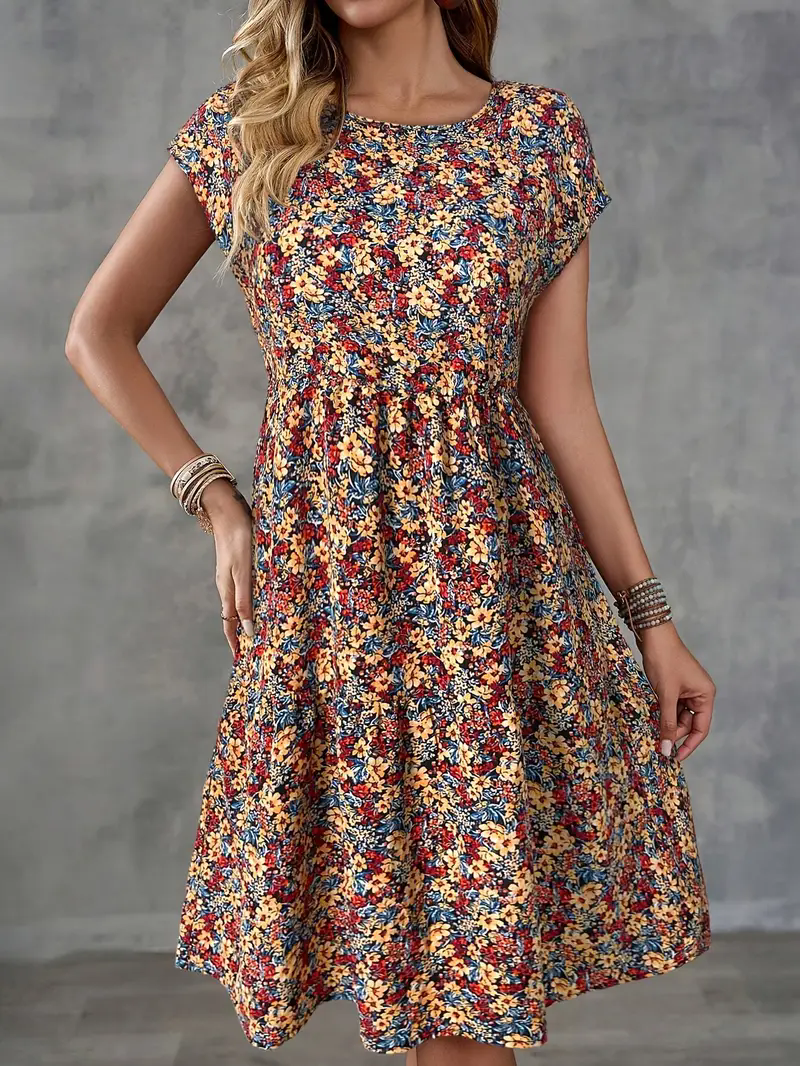 Robe d'été à manches courtes et col rond pour femmes, imprimé floral, style décontracté et ample pour les vacances