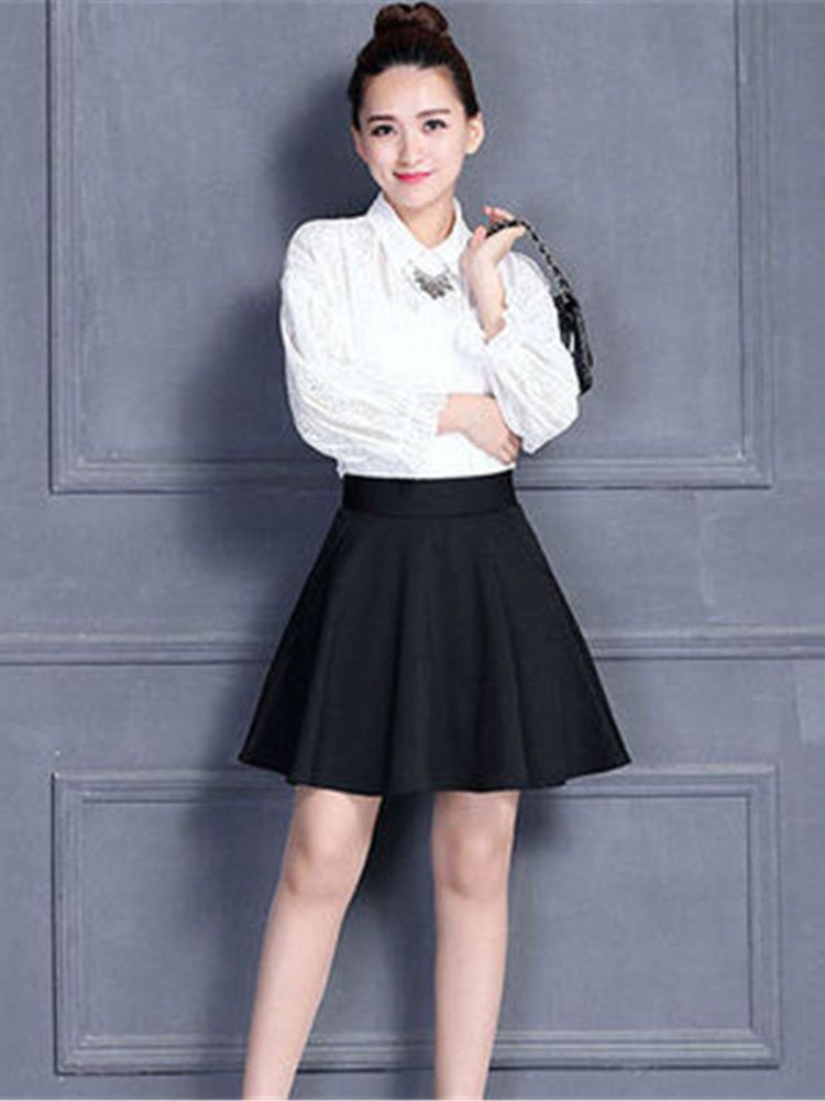 Jupe Femme Taille M-3XL Plissée Poches Solides Taille artificiel astique Jupe Moyenne ChimAll-match Office Lady Respectueux de la Peau Élégant