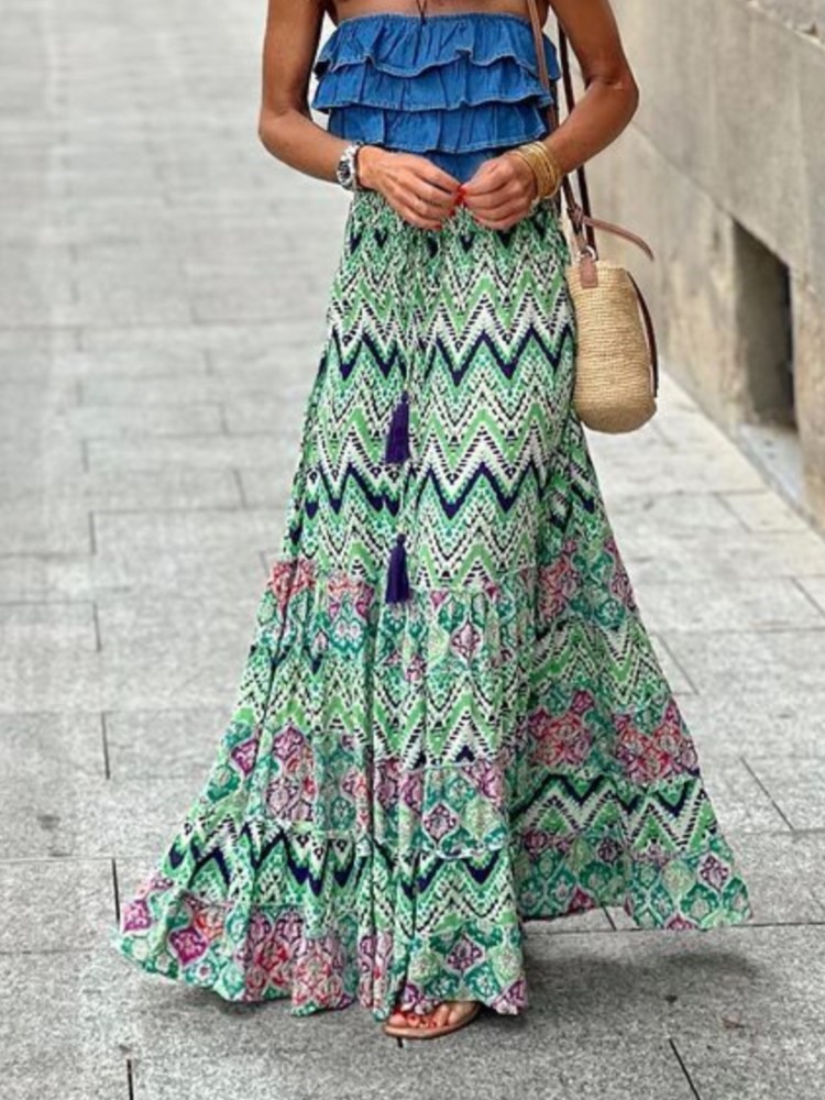 Femmes imprimer jupe longue mode Vintage jupes amples dame décontracté élégant Boho plage vacances jupes femmes vêtements été nouveau