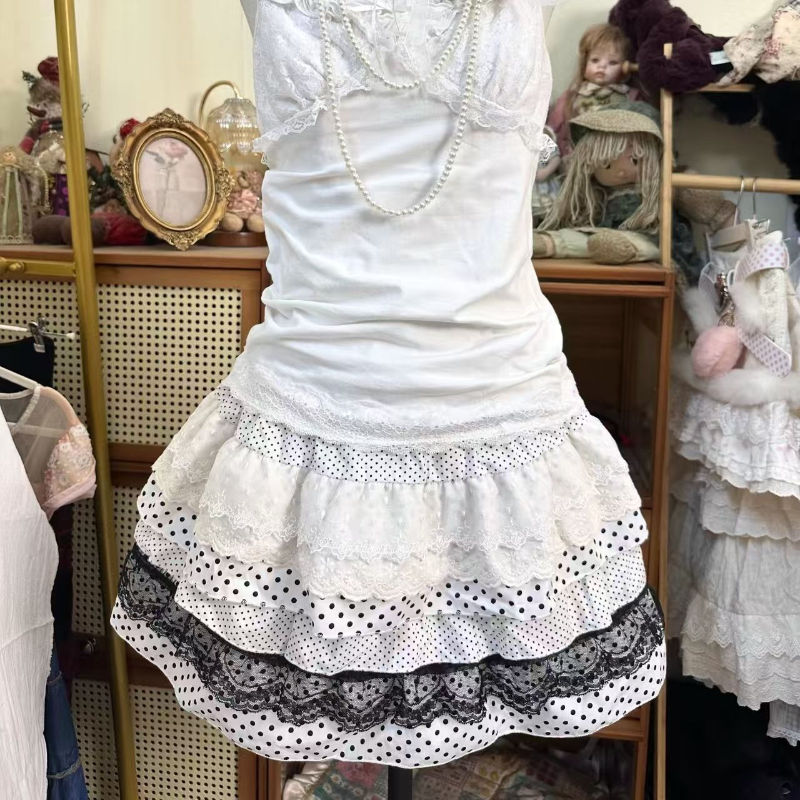 Jupe ample Lolita en dentelle douce pour femmes, jupe d'été japonaise, taille élastique, Patchwork, gâteau à pois, Hepburn, nouvelle jupe Vintage, 2025