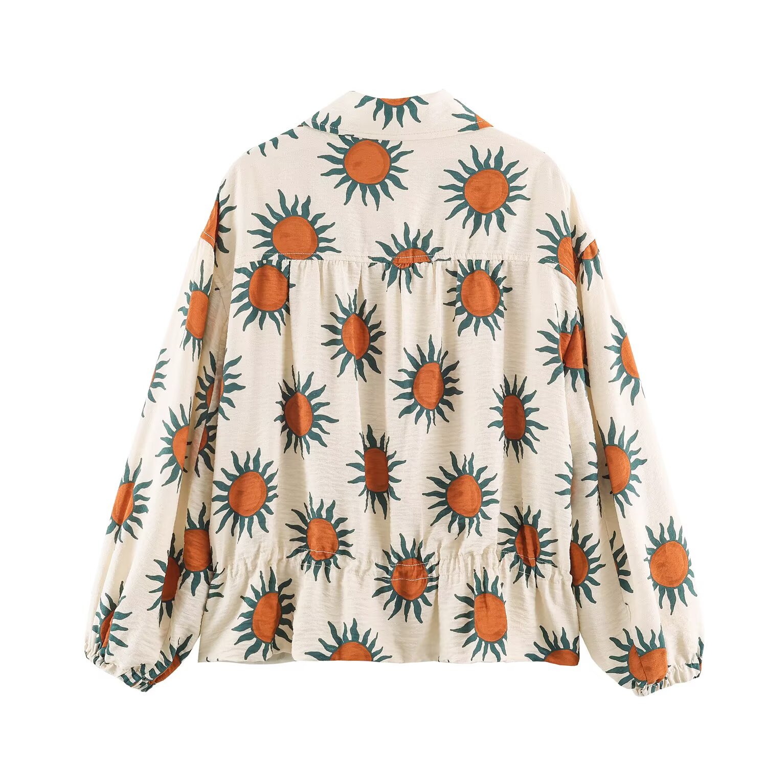 BSAY Blouson Bomber Femme Rétro Bohème à Imprimé Soleil, Col Revers, Fermeture Éclair, Ourlet Peplum Élastique, Manches Longues, Coupe Ample, Décontracté, Vêtement d'extérieur pour les Vacances