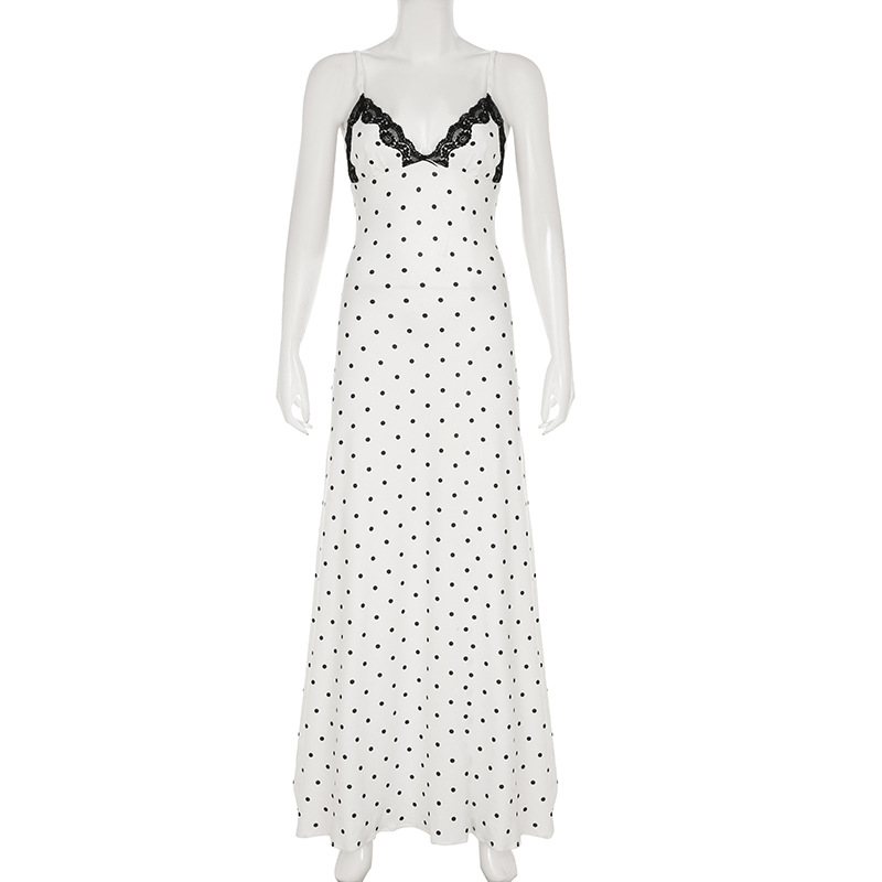 Robe Maxi en dentelle pour femmes, col en v, Patchwork, dos nu, taille haute, Slim, Spaghetti, contraste, robe de soirée, printemps