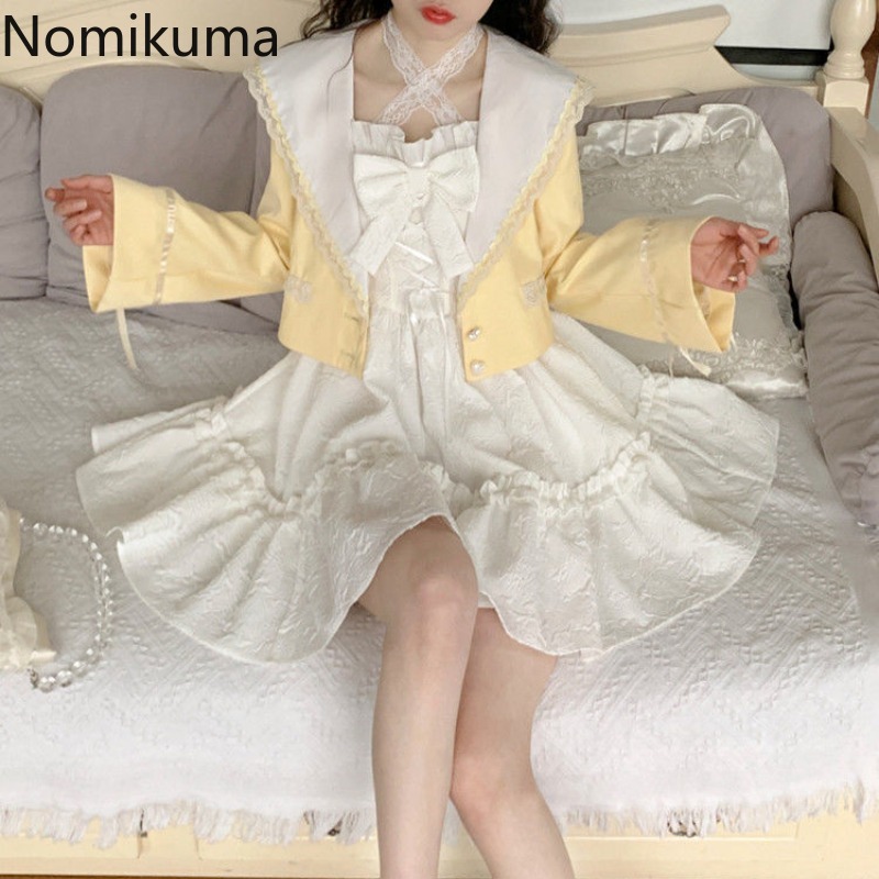 Robe d'été mignonne pour femmes, Style Lolita, douce japonaise, à bandes, avec nœud, à volants, blanche, 2025