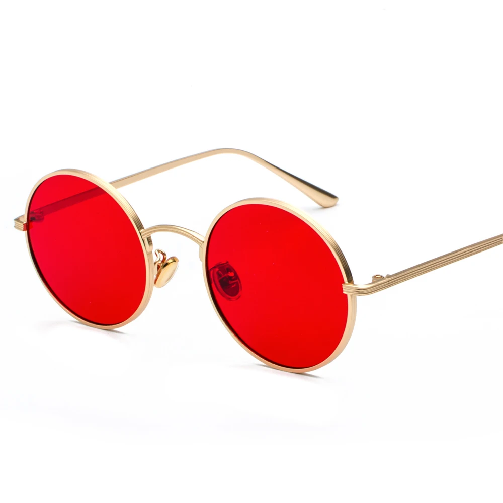 Lunettes de soleil rondes en métal doré pour hommes et femmes, style rétro, verres rouges, unisexe, jaune, rose, noir, été, nouveau