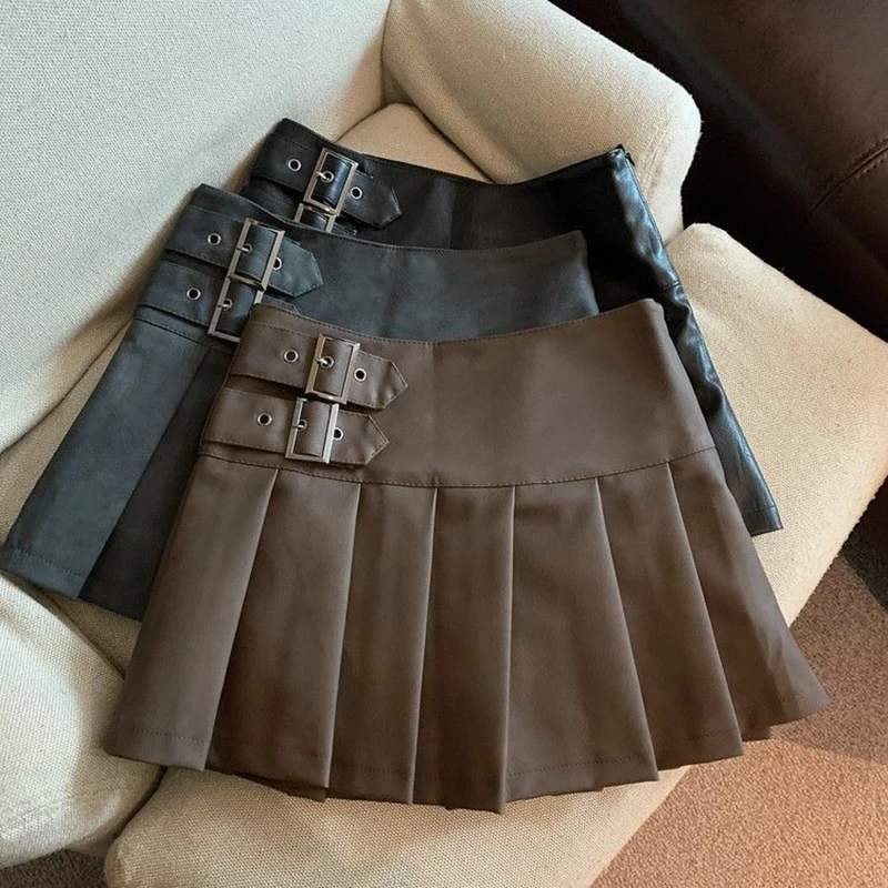 XS-3XL Y2K Pu cuir Mini jupes femmes Streetwear taille haute jupe plissée Vintage coréen noir mince décontracté une ligne jupes