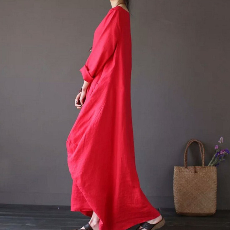 Robe d'été fine en coton et lin pour femmes, style bohème, manches longues, couleur unie, kaftan vintage