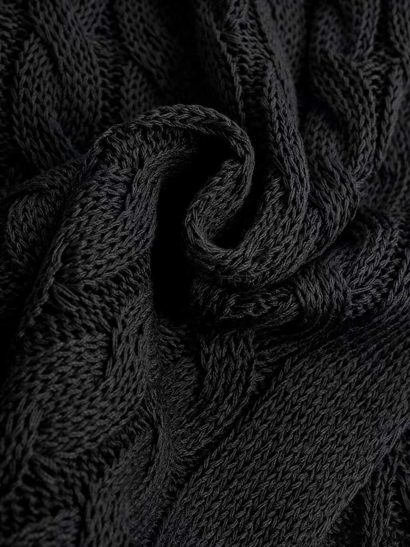 Cardigan long noir en tricot pour femme, automne-hiver 2026, col haut, ouvert sur le devant, pull ample en maille torsadée, manteau décontracté.