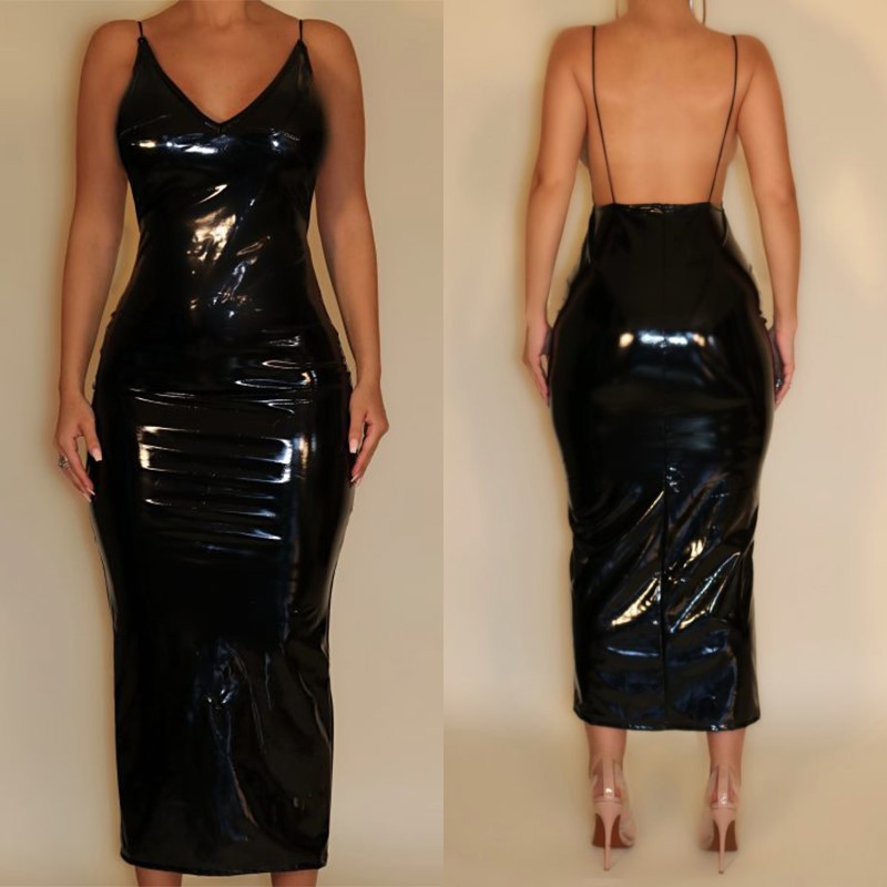 Robe de Soirée Sexy en Latex et Cuir pour Femme, Col en V, Bretelles Spaghetti, Dos aux, Personnalisée