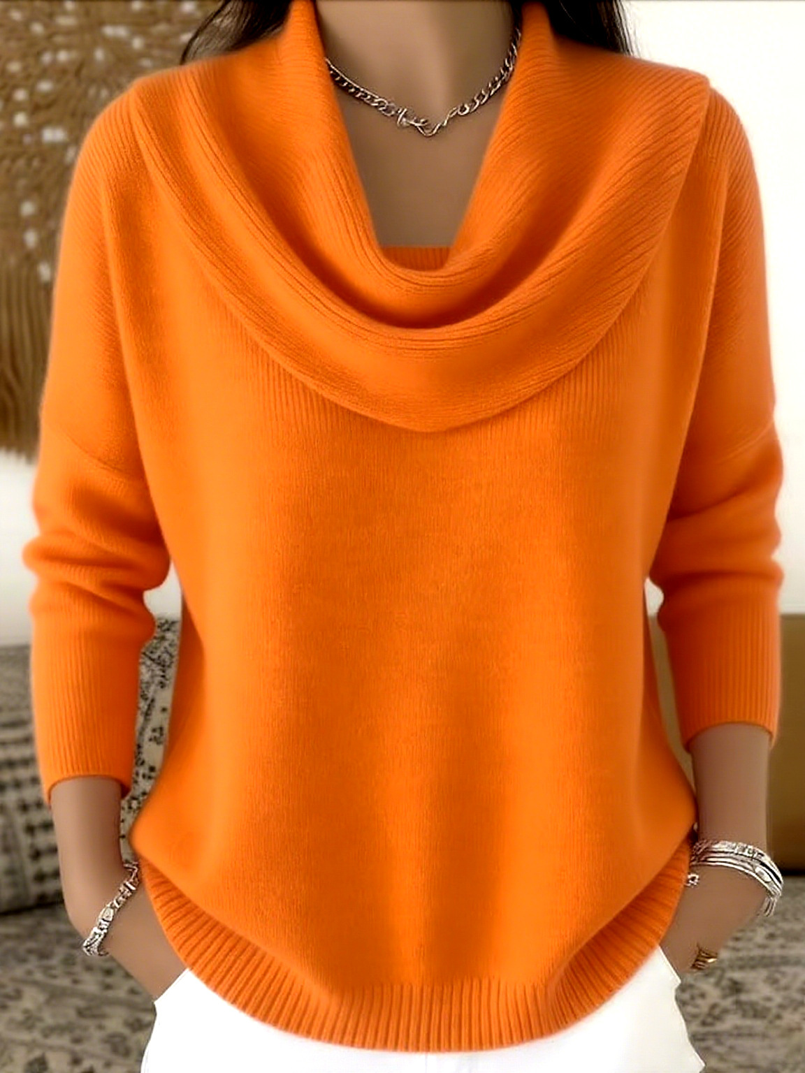 Pull à col drapé pour femme, haut en tricot simple et élégant à col rond, adapté au printemps, à l'automne et à l'hiver