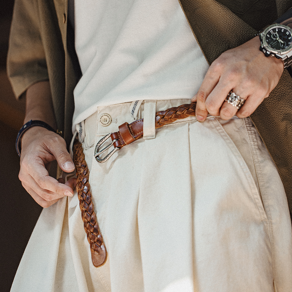 Maden Ceinture en cuir de vache tanné végétal à deux couches tissé vintage pour accessoire marron polyvalent pour hommes