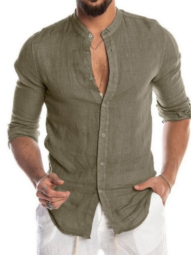 Chemise à manches longues en lin bleu clair pour hommes - Chemises décontractées boutonnées à col montant pour l'été et le printemps