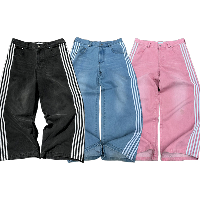 Streetwear Baggy Jeans Hommes Femmes Y2K Rayé Brodé Simple Jeans Décontractés Harajuku Rétro Lâche Pantalon À Jambes Larges Pantalon Unisexe