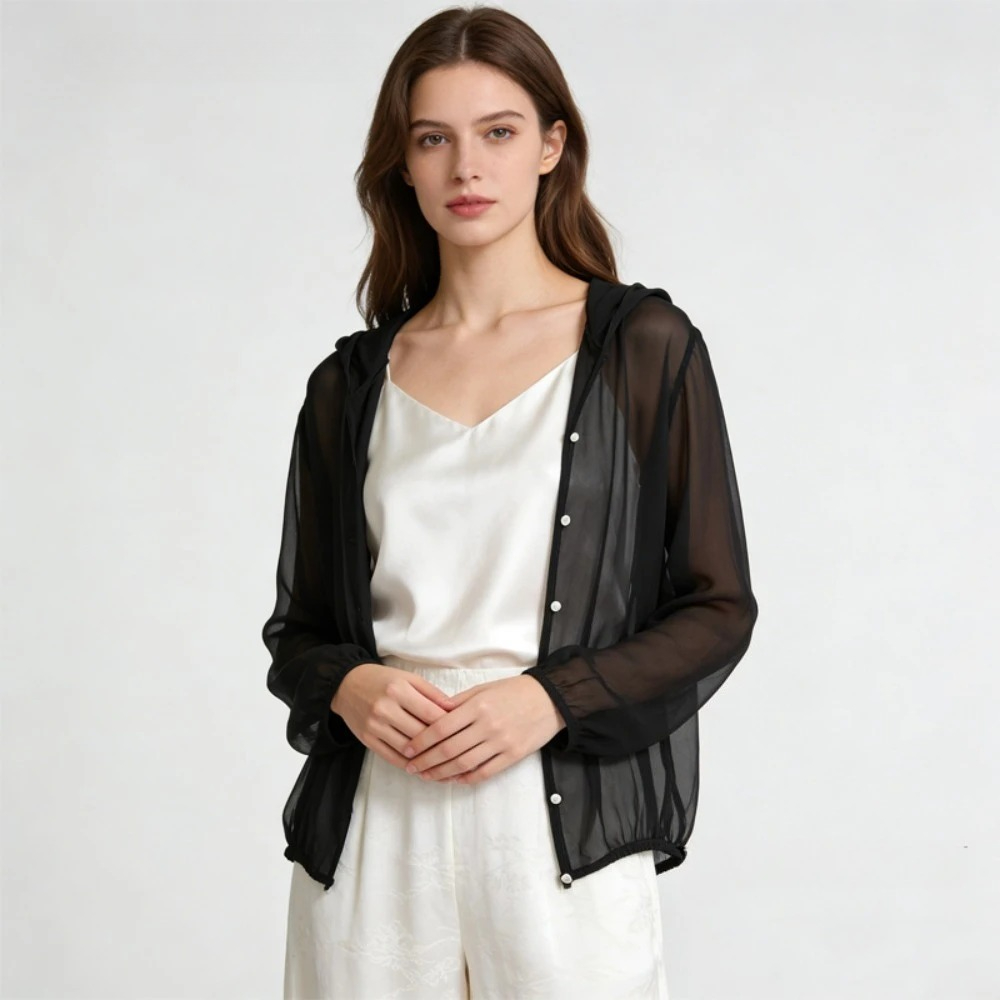 Haut Georgette en soie de mûrier 100% naturelle, sweat à capuche décontracté de couleur unie pour femmes, vêtements de Protection solaire fins et polyvalents pour l'été 2026