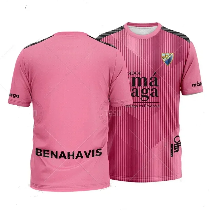 T-shirt de football unisexe à manches courtes, respirant, décontracté, pour les fans de sport, imprimé en 3D, rayures roses, Málaga CF Benahavis