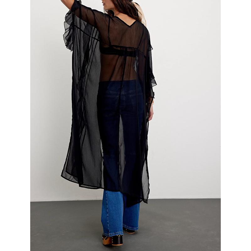 COmbhasaki femmes été Boho maillots de bain transparent Cardigan à volants garniture col en v boutonné fendu couverture longue chemise robe