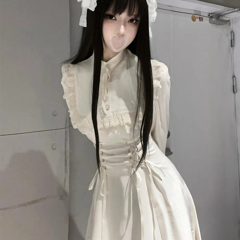 Robe française élégante en dentelle à manches longues pour femmes, taille haute, Patchwork, mode Lolita Kawaii, nouvelle collection à lacets