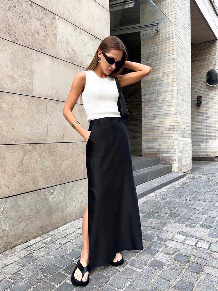 Black adt-Jupe trapèze longue pour femme, élégante, avec poche, fermeture éclair, été