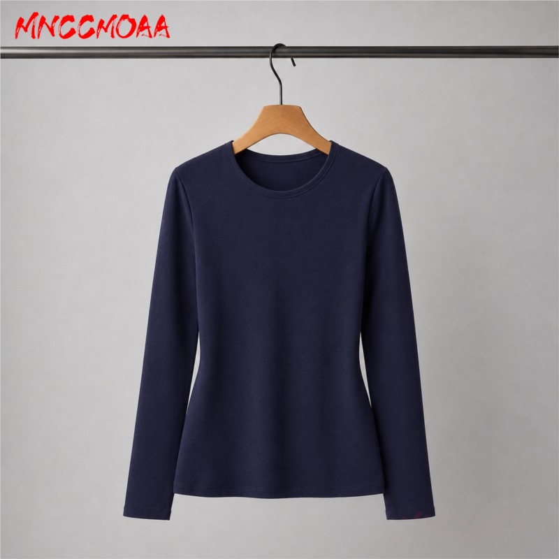T-shirt à manches longues bleu pour femme, coupe ajustée, col rond, doux et extensible, idéal pour l'automne et le quotidien