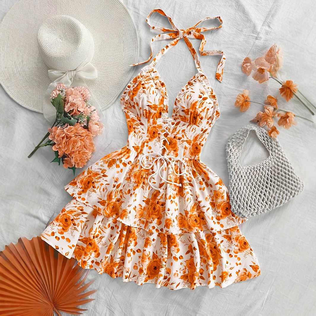 Robe d'été vintage à imprimé floral, style tunique à lacets et volants, mini-robe de plage pour femme, motif rose, XXYL-559