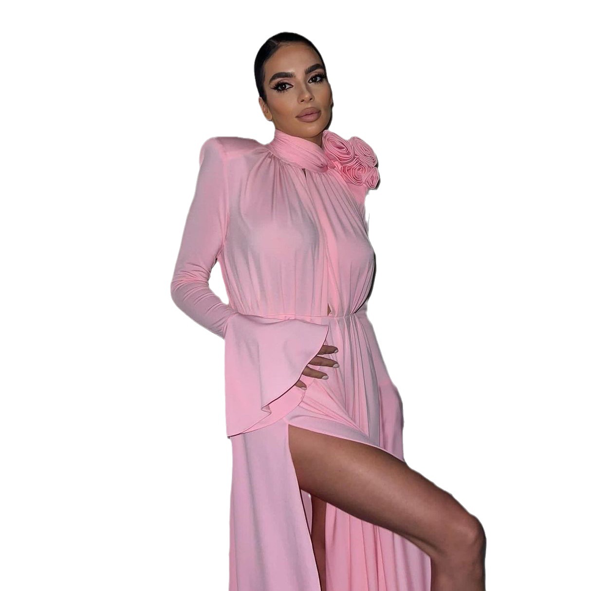 Robe longue rétro haut de gamme pour femme, avec décolleté en V profond ajouré, plissée et ornée de fleurs en relief.
