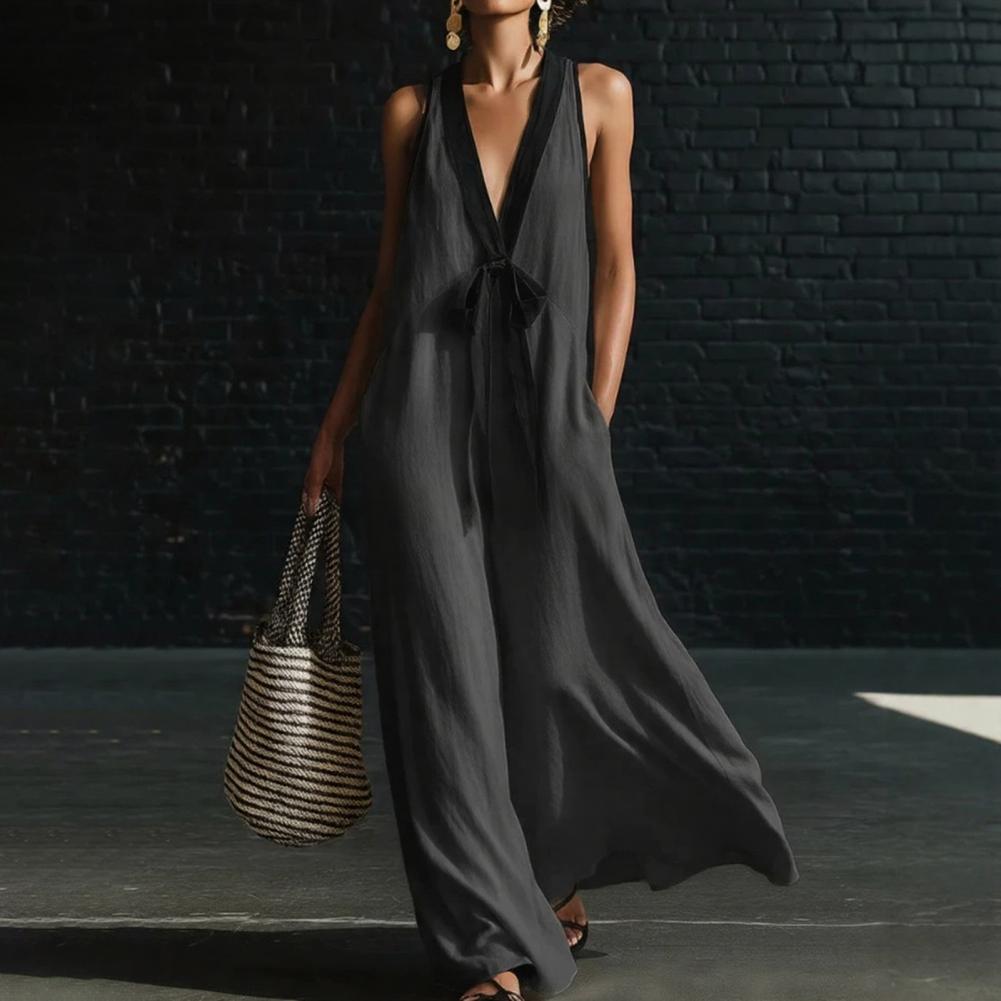 Robe longue maxi sans manches pour femme, col en V profond, color block, fluide et ample, style débardeur, pour l'été, la plage et les vacances, avec poches