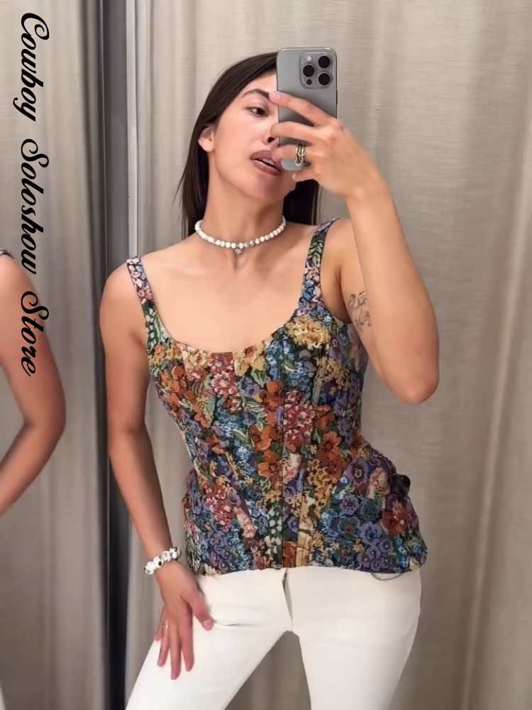 Nouveau débardeur sexy en satin imprimé pour femme, style corset, à nouer à la taille, coupe ajustée, pour soirée, tenue de fête ou de rue, été 2026