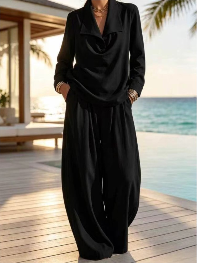 Ensemble 2 pièces pour femmes, chemisier à col à revers et manches longues, pantalon large, décontracté, blanc, idéal pour les vacances à la plage.