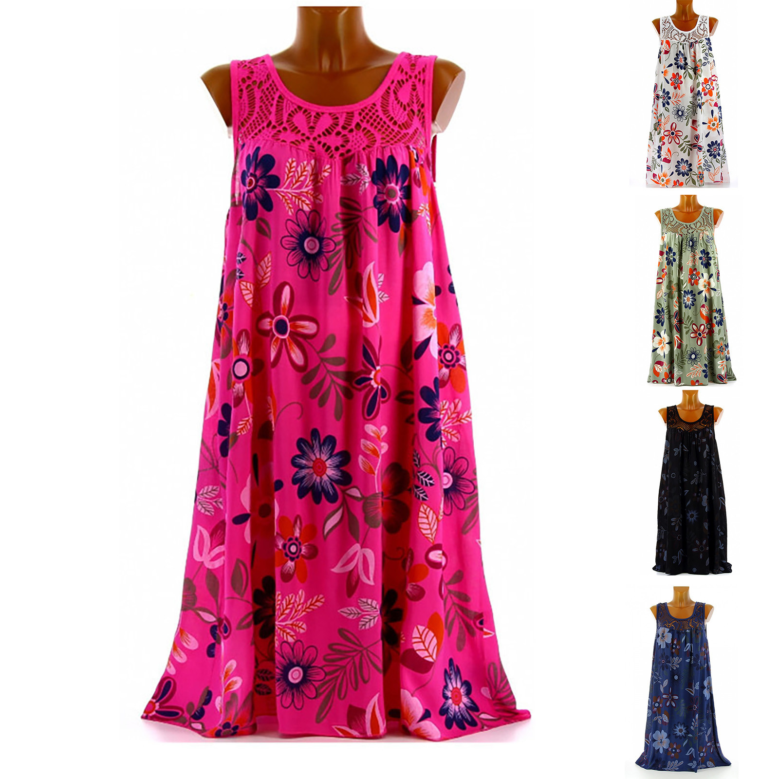 Robe de plage bohème en dentelle, Patchwork, sans manches, débardeur, Vintage, imprimé Floral, sans manches, Robe de vacances, été