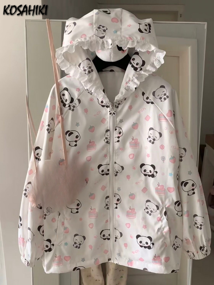 Vestes japonaises imprimées de dessins animés Kawaii, amples, Protection solaire décontractée Y2k, hauts en dentelle Patchwork, manteaux à capuche Preppy Grunge pour femmes