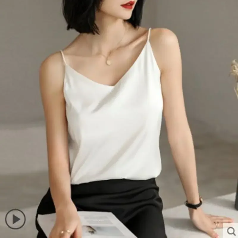 Haut en Satin Long Type Inj-Like pour Femme, Camisole à Bretelles, Sexy, Vert, Blanc, Vintage, Vêtements pour Dame