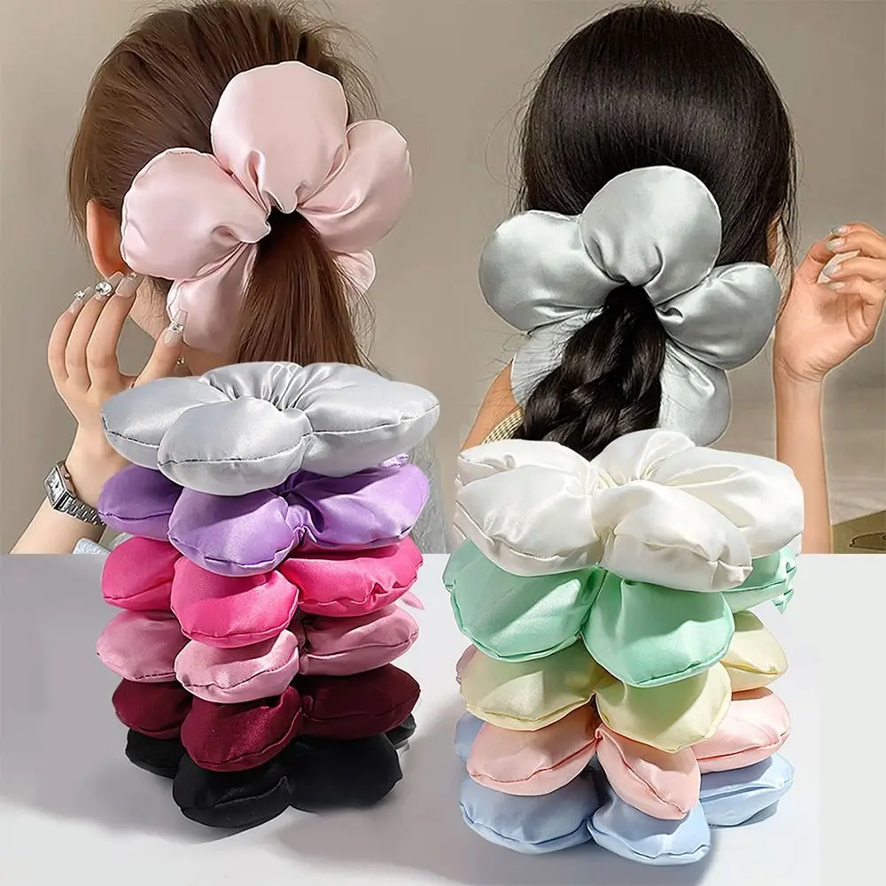 Superbe élastique à cheveux en forme de fleur 3D, en satin haut de gamme, pour chignon ou queue de cheval, accessoires capillaires pour femmes