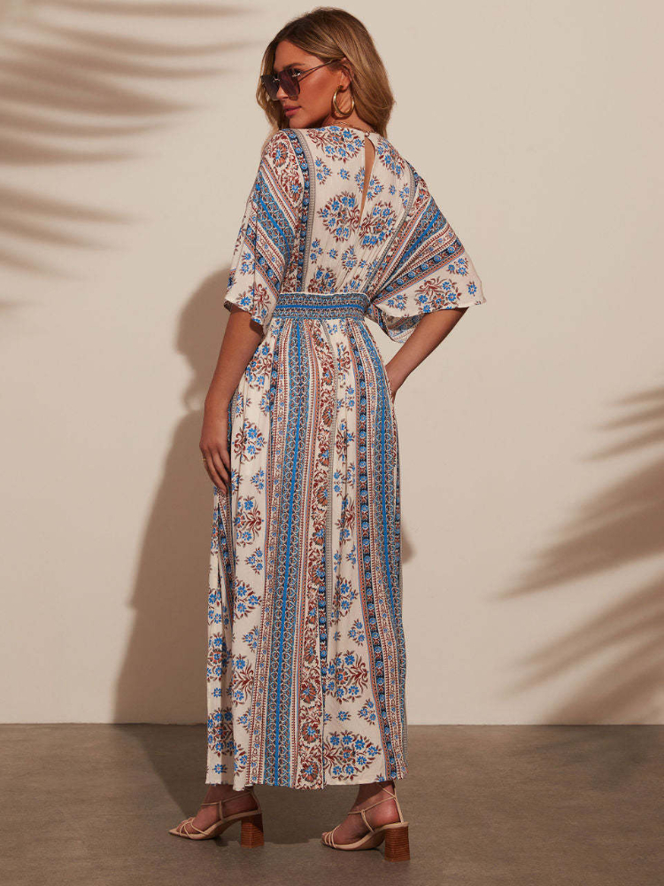 Robe longue imprimée à col en v pour femmes, nouvelle mode d'été 2021, tempérament élégant, Style bohème, vacances, jupe de plage