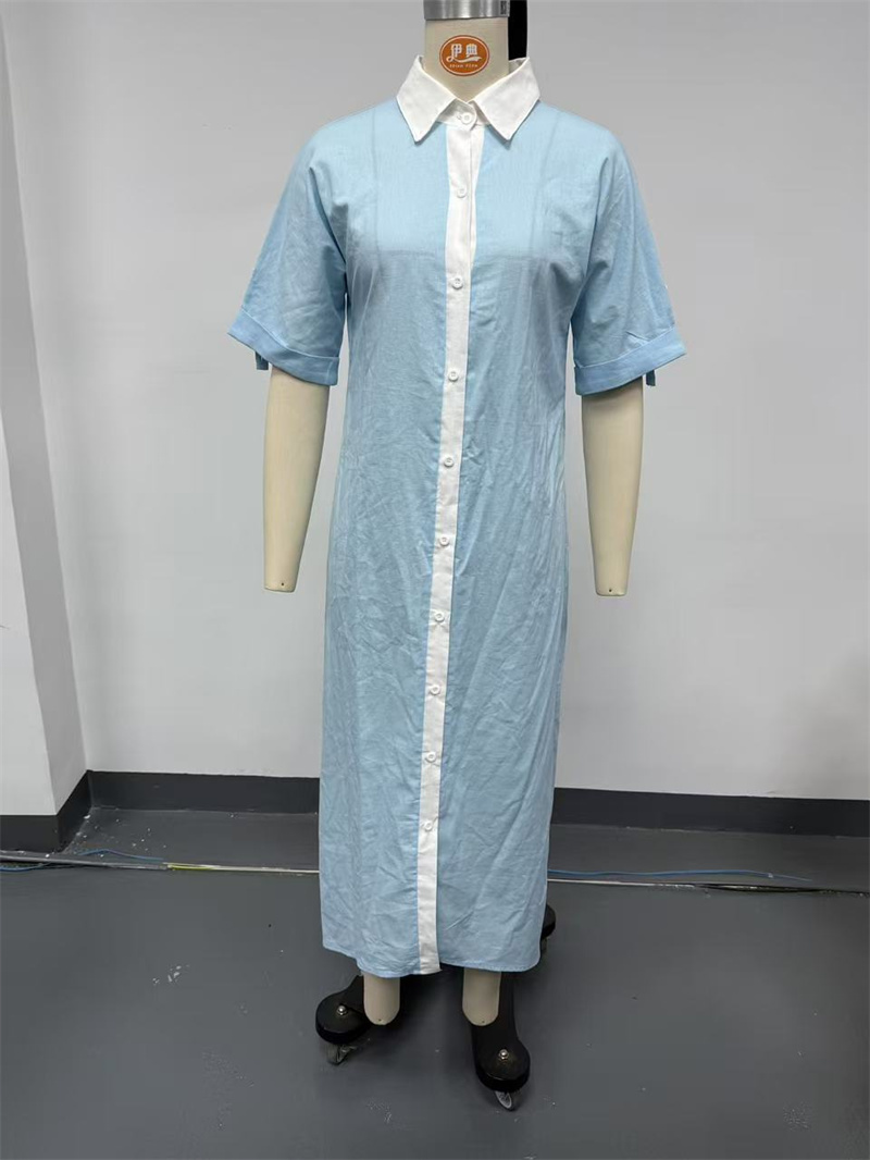 Robes décontractées confortables en coton et lin pour femmes, robe chemise maxi ample contrastante d'été, col rabattu, manches courtes