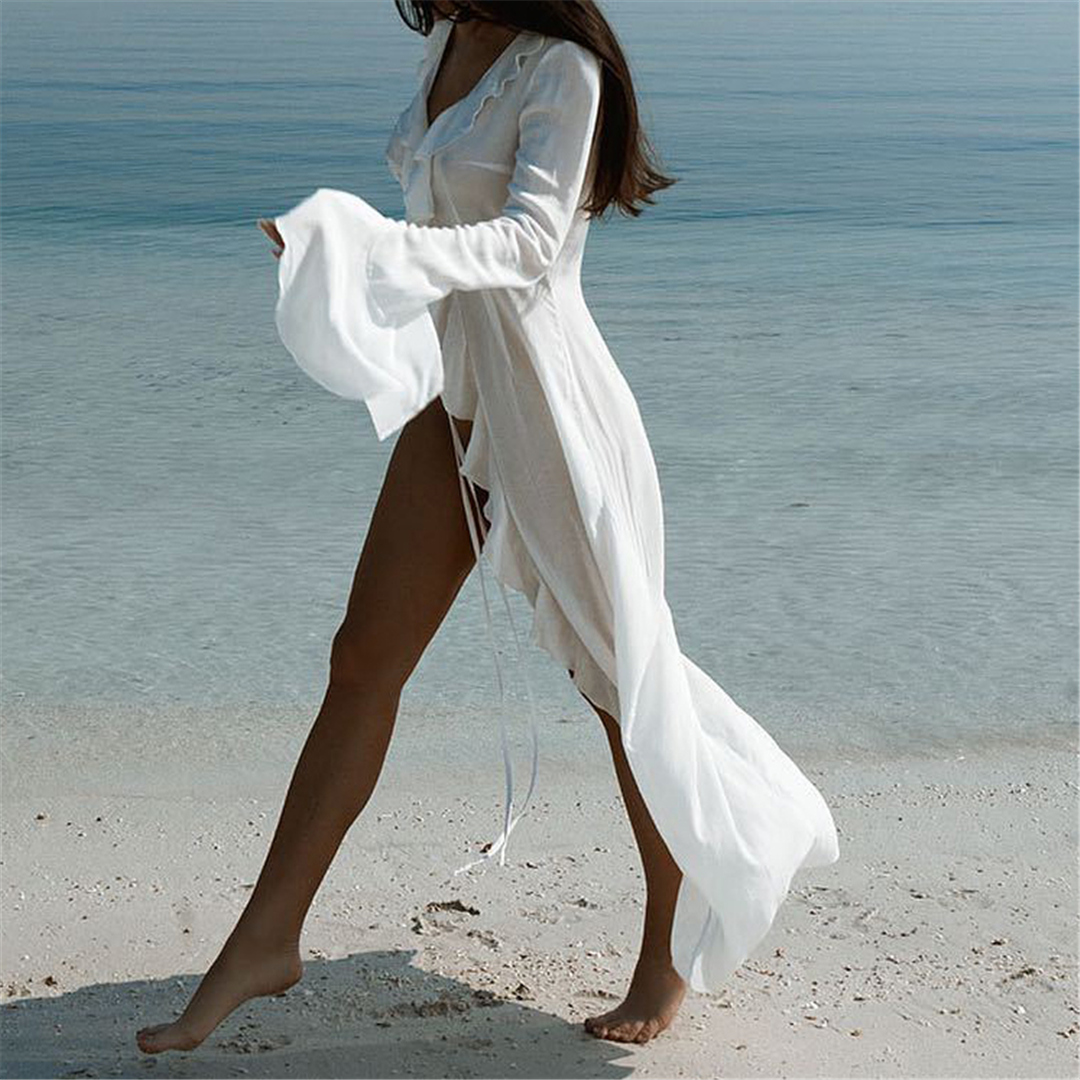 Nouveau Sexy col en V à volants à manches longues en mousseline de soie tunique plage couvrir couvertures femmes robe de plage vêtements de plage femme vêtements de plage