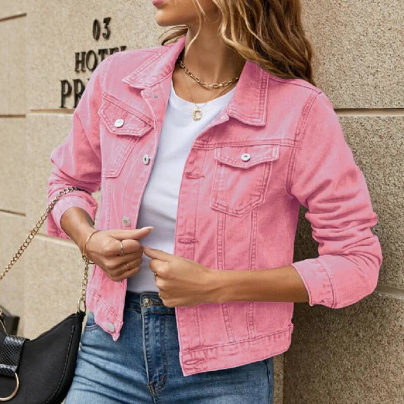 Veste en Jean pour femmes 2025 couleur unie noir bleu jaune rose rouge décontracté à manches longues boutonné poche poitrine Jean veste dame